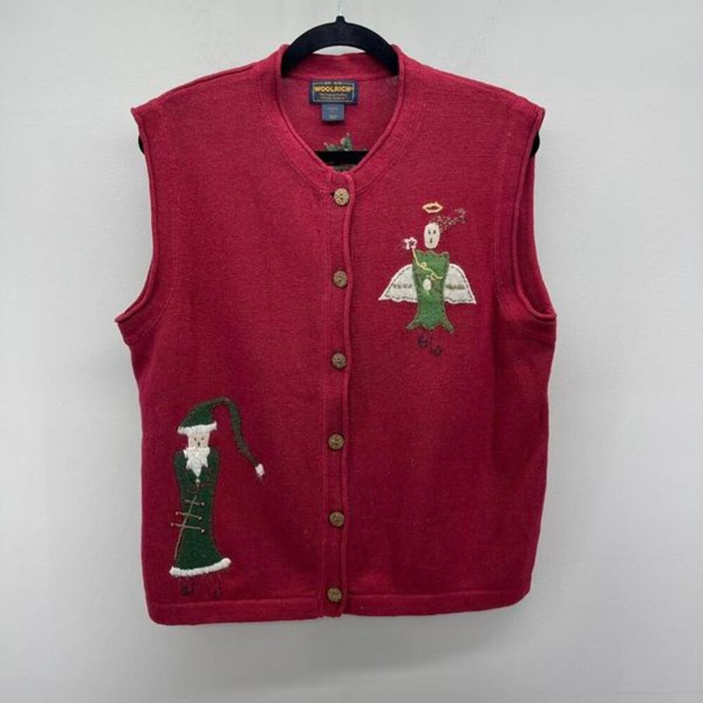 Woolrich Christmas Sweater Vest Womens Large Red Angel Santa Primitive Country